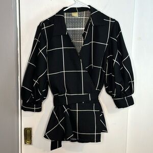 Black and White Bell sleeve, window pane, striped, wrap blazer, career, m, party